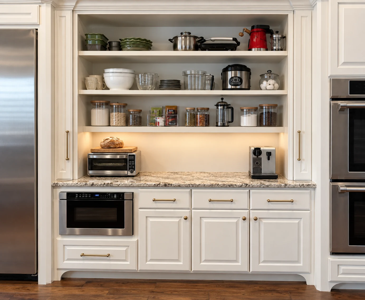Full-height cabinetry around shelving and kitchen appliances
